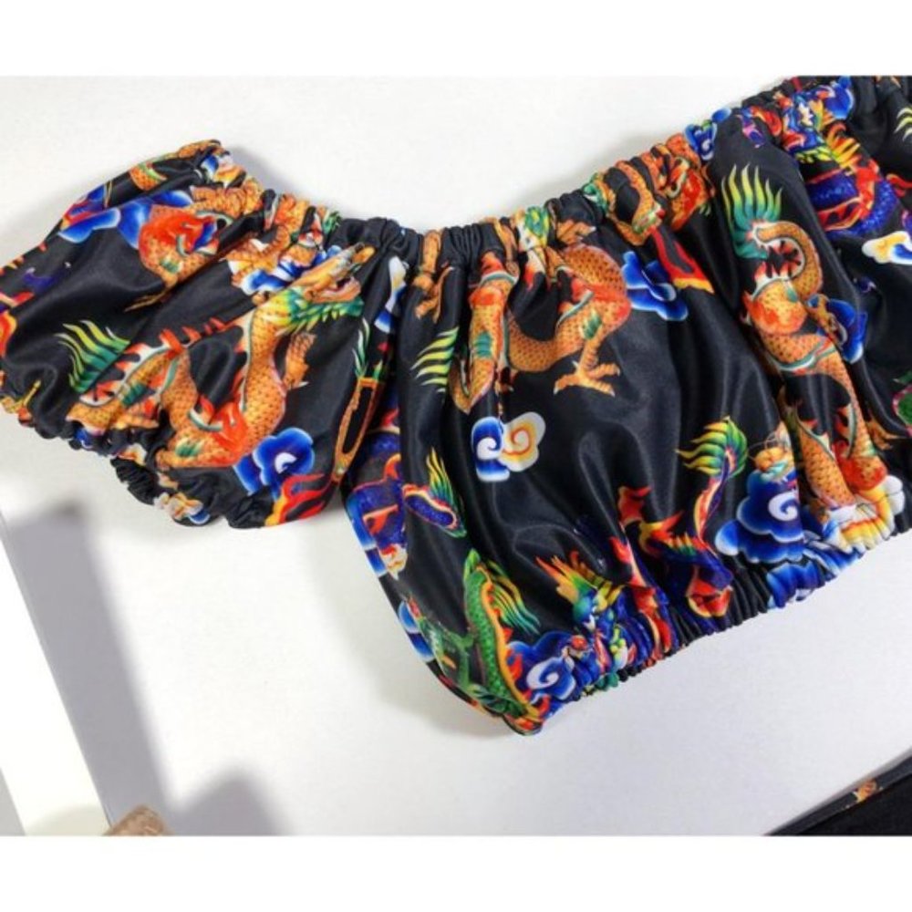 NWOT SHEIN Black Dragon Print Off-Shoulder Ring Detail High Waisted Bikini Set - Picture 6 of 13